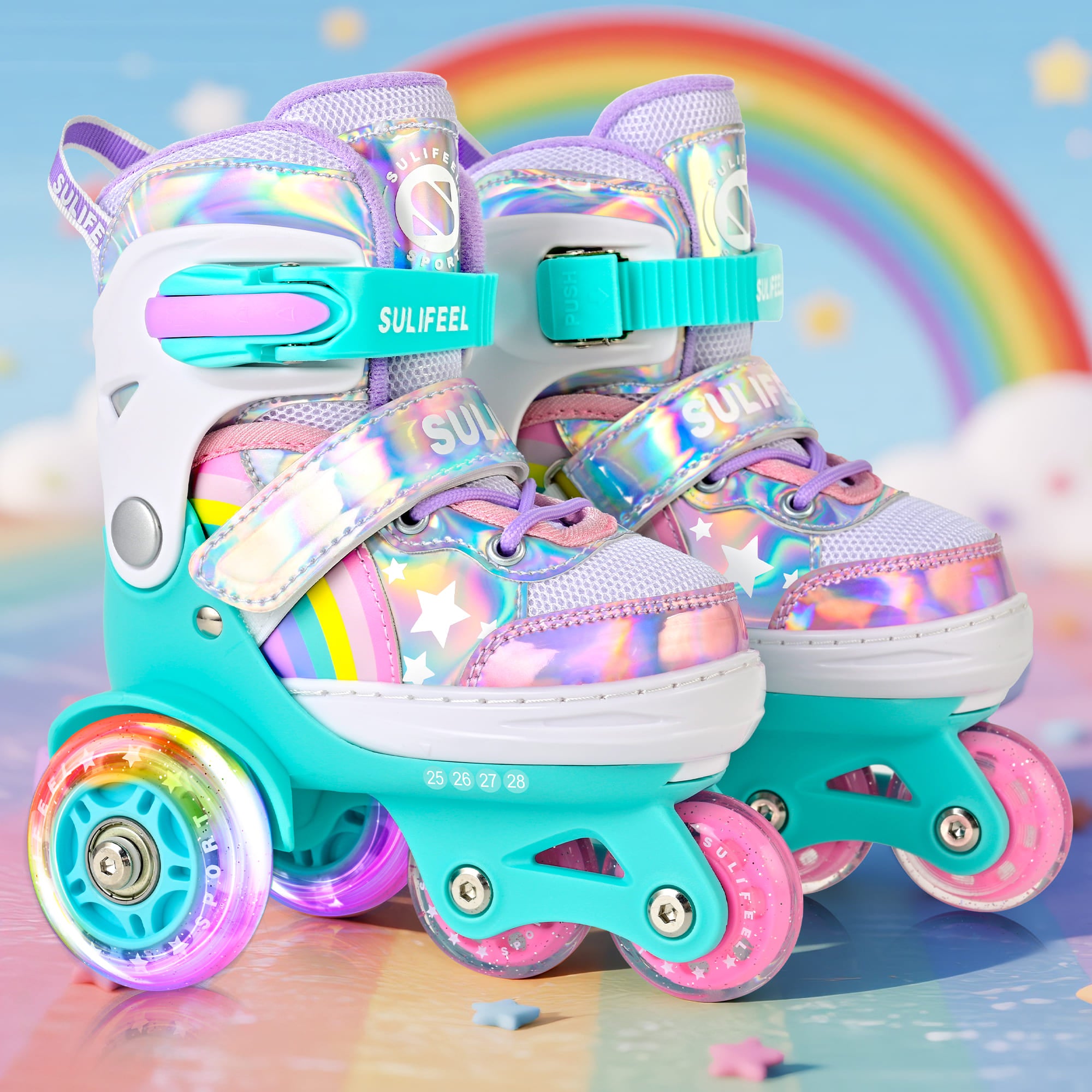 SULIFEEL Rainbow Unicorn Adjustable Light up Roller Skates for Girls Boys for Kids, X-Small - Toddler