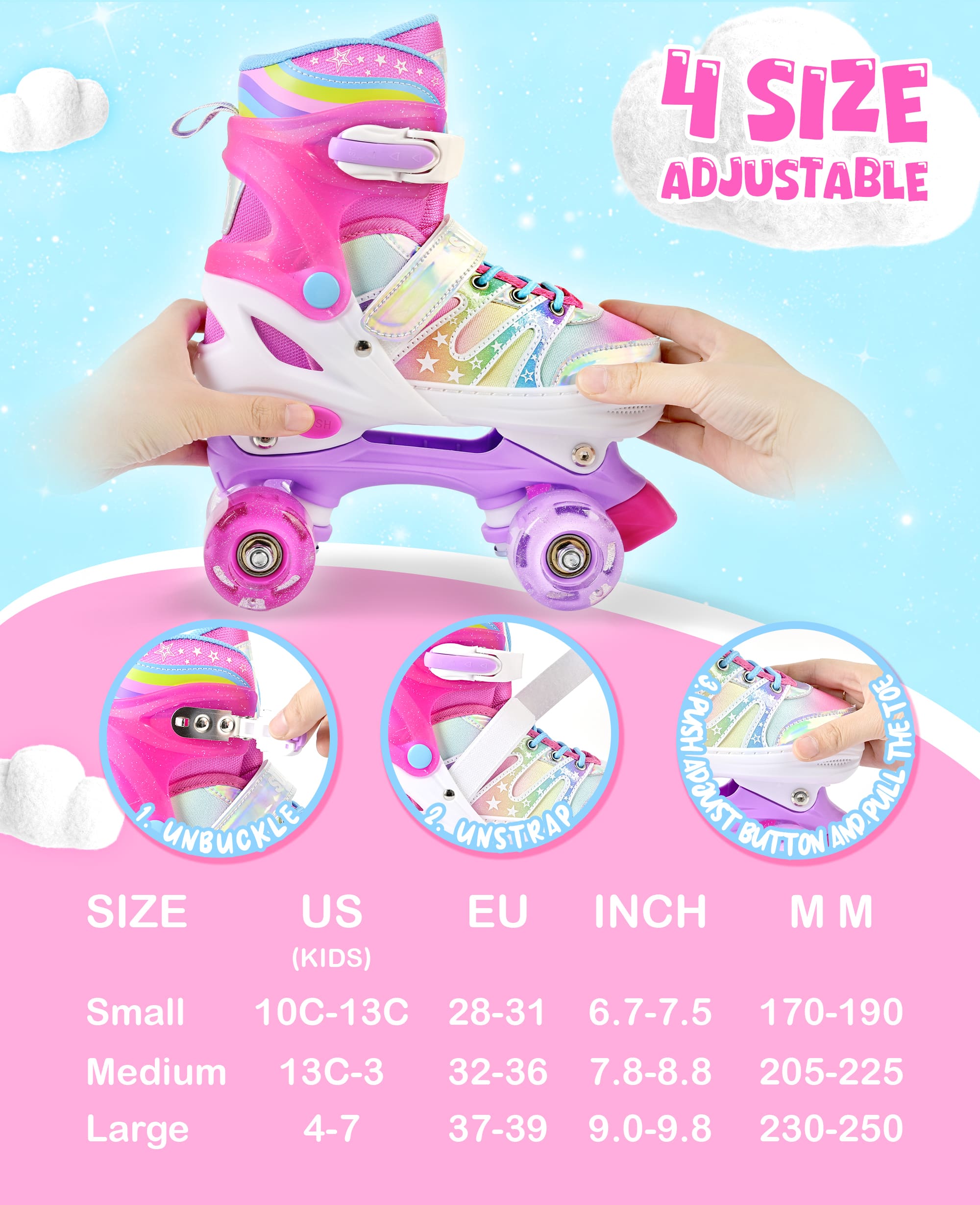 SULIFEEL Rainbow Tie-Dye Adjustable Roller Skates for Indoor Outdoor Skating