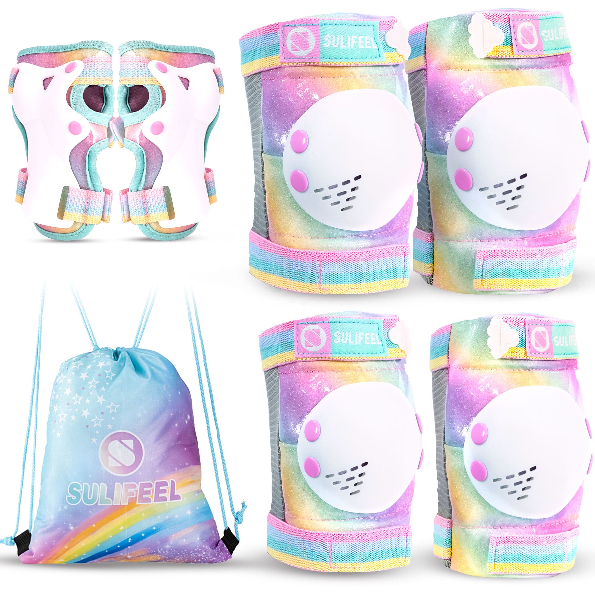 SULIFEEL Rainbow Knee Pads for Kids, Wrist Guards Knee and Elbow Pads Set