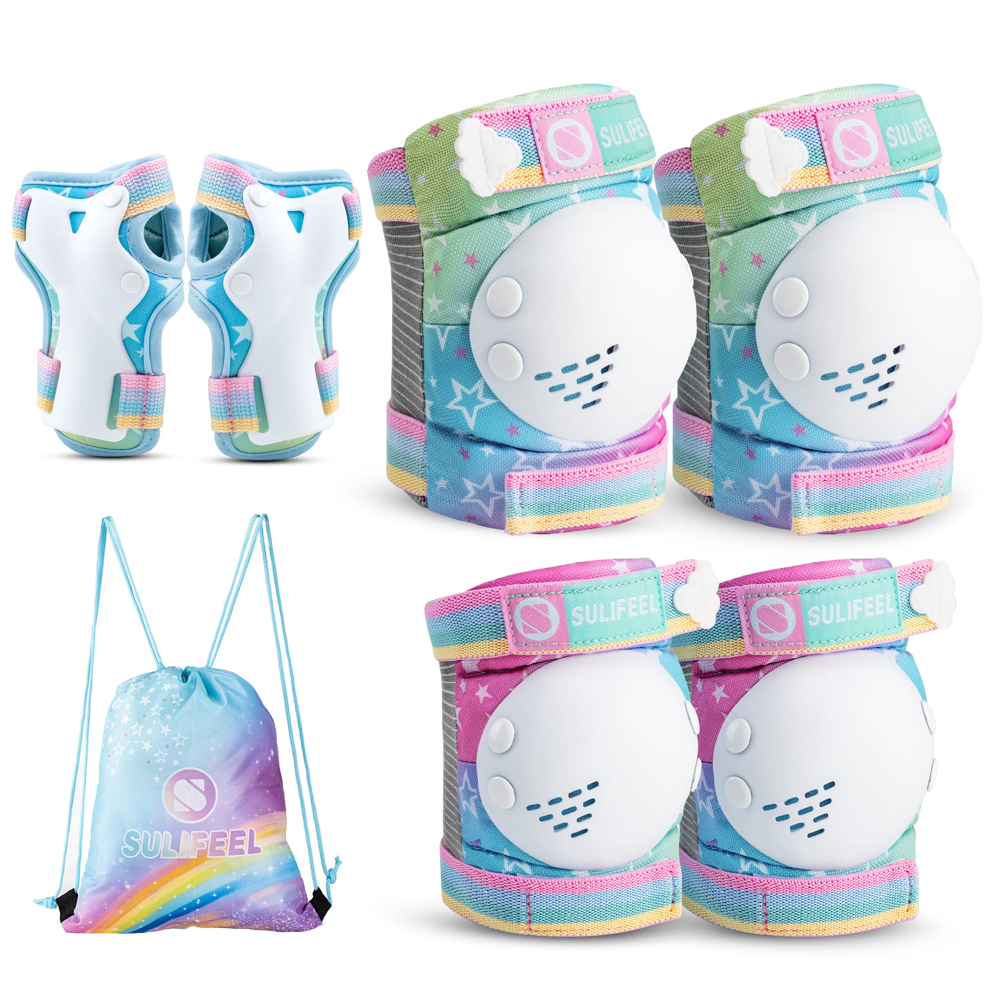 SULIFEEL Rainbow Knee Pads for Kids, Wrist Guards Knee and Elbow Pads Set