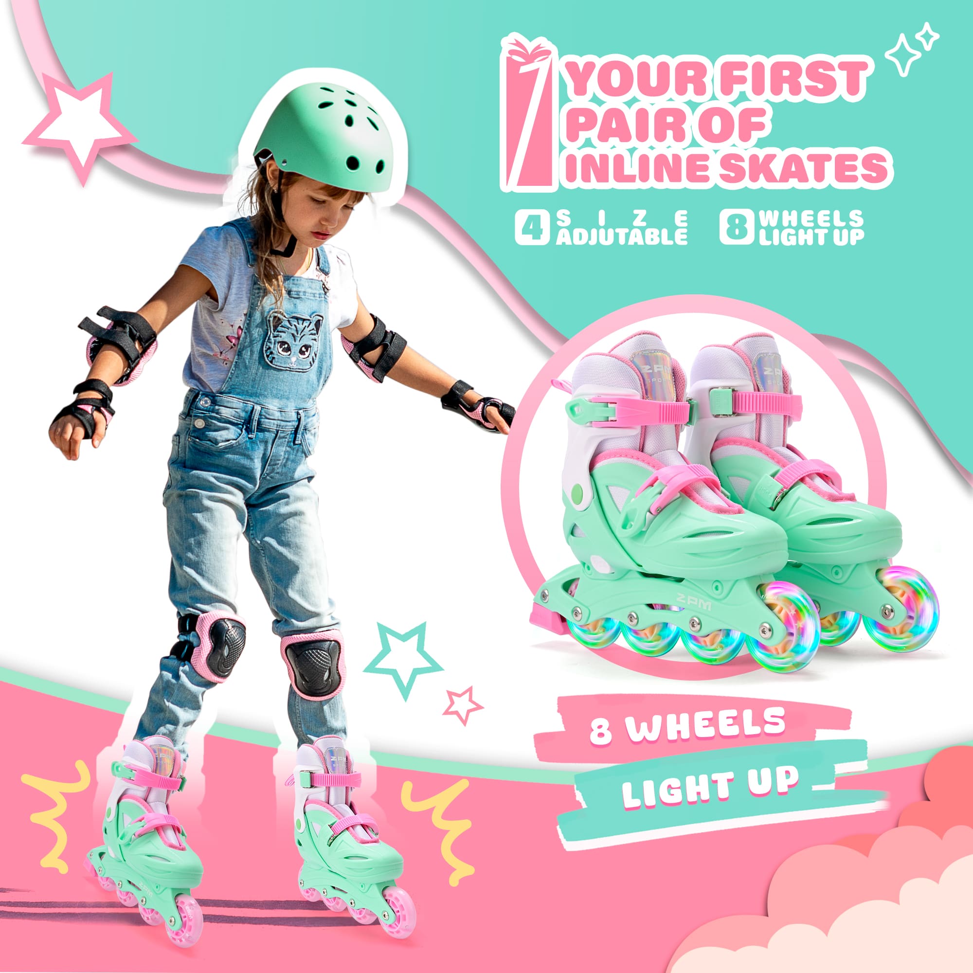 SULIFEEL Kids Inline Skates with Light Up Wheels, Size Adjustable