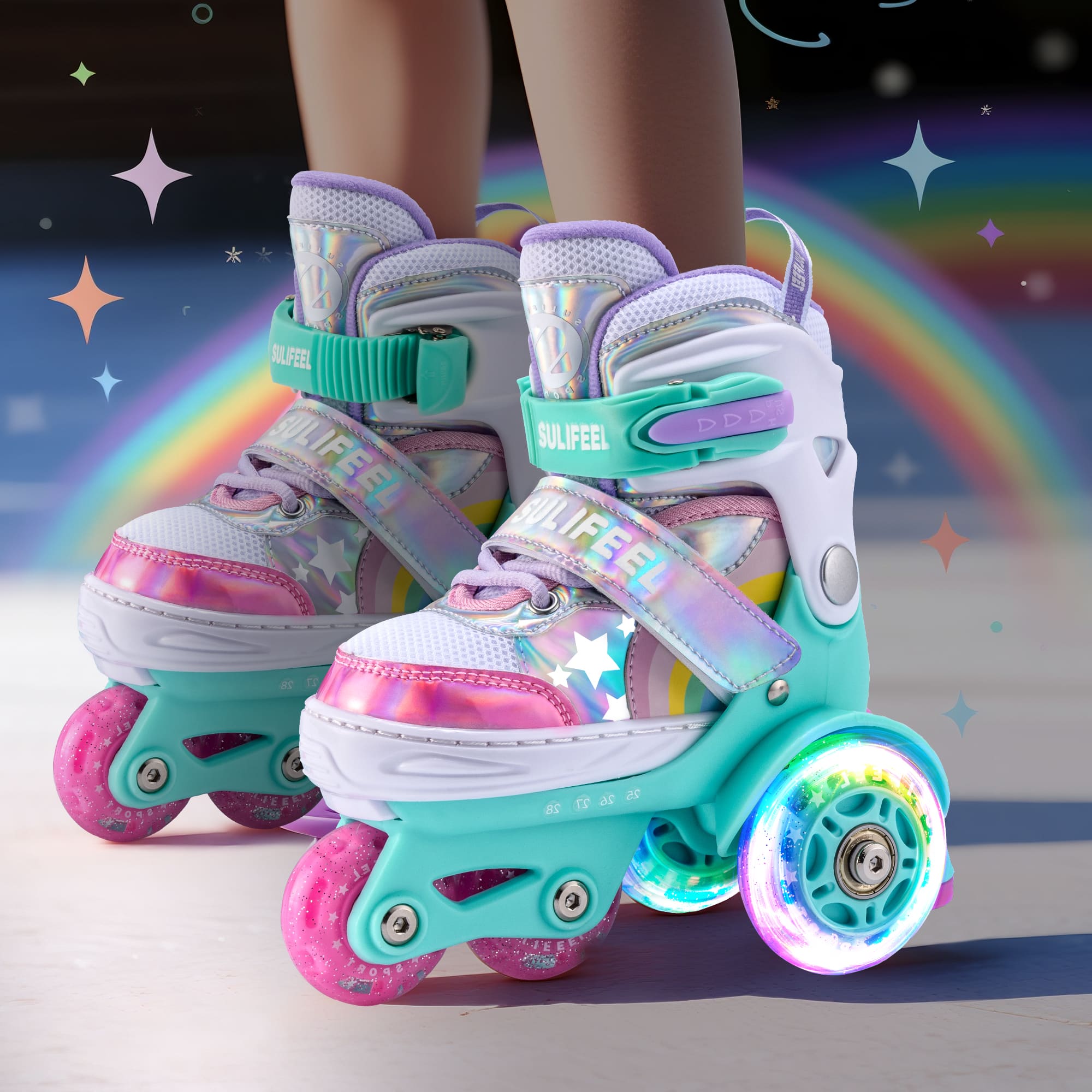SULIFEEL Rainbow Unicorn Adjustable Light up Roller Skates for Girls Boys for Kids, X-Small - Toddler