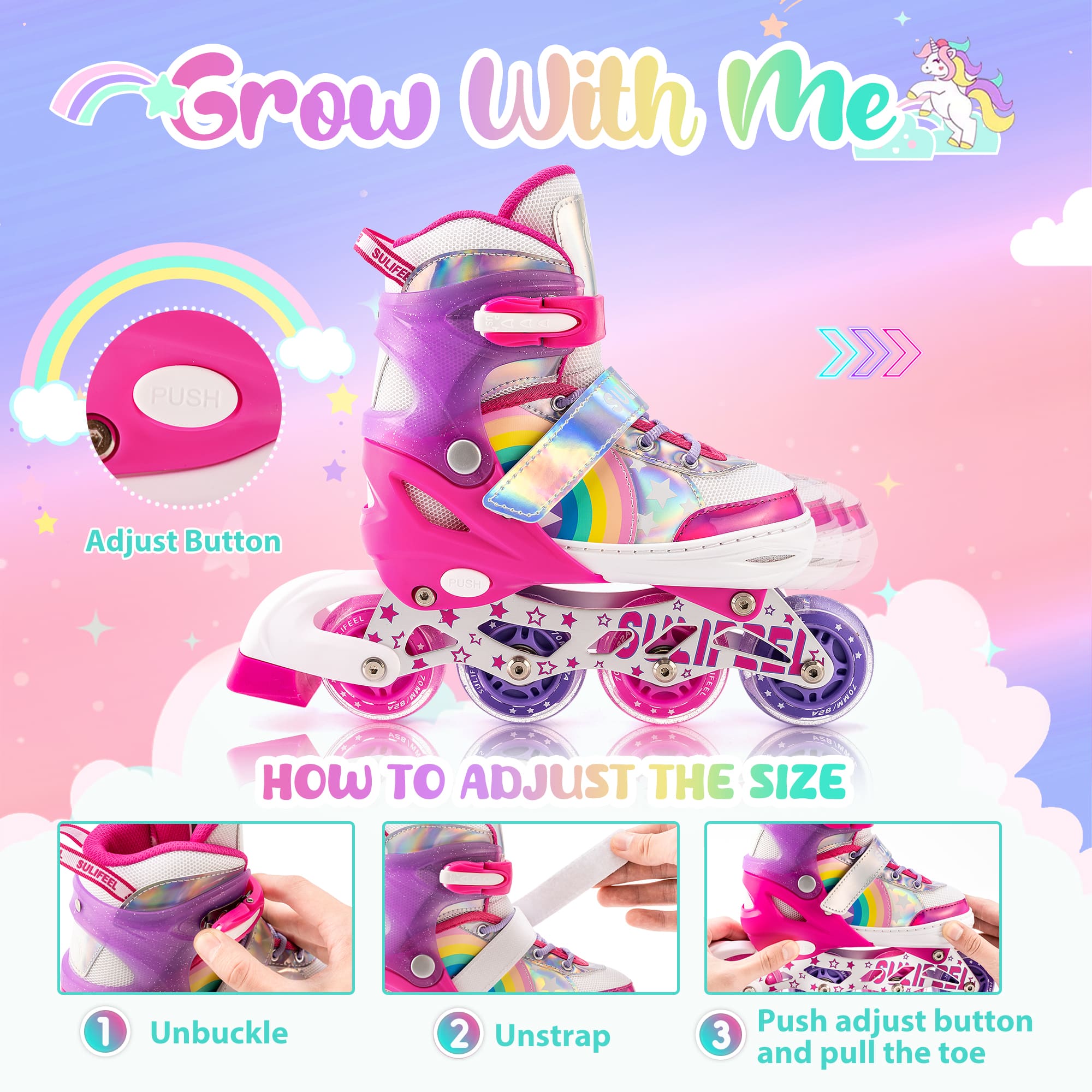 SULIFEEL Inline Skates for Girls Boys, Adjustable Light up Wheels Skates for Kids Beginner