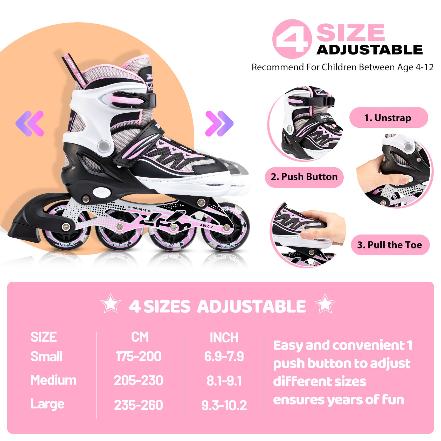 SULIFEEL Cytia Girls Adjustable Inline Skates with Light up Wheels