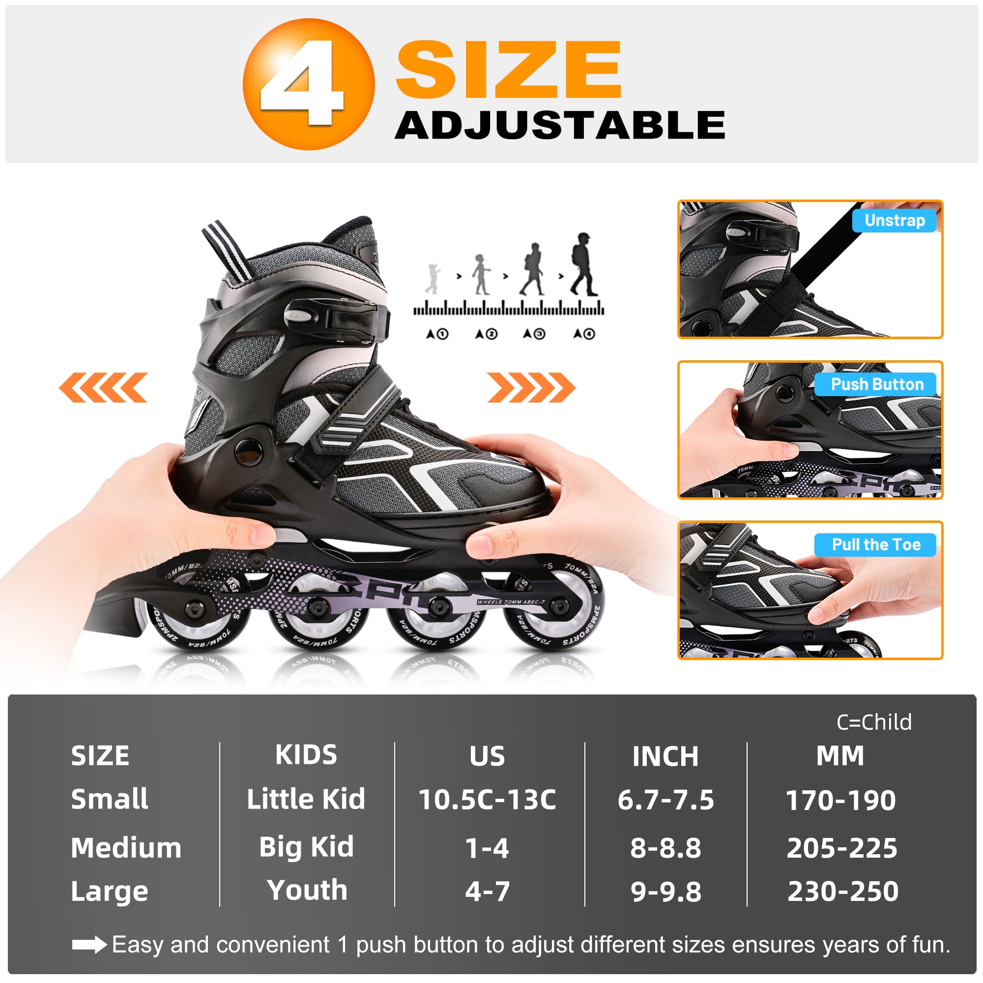 SULIFEEL Adjustable Inline Skates, Fun Beginner Roller Skates for Kids, Youth