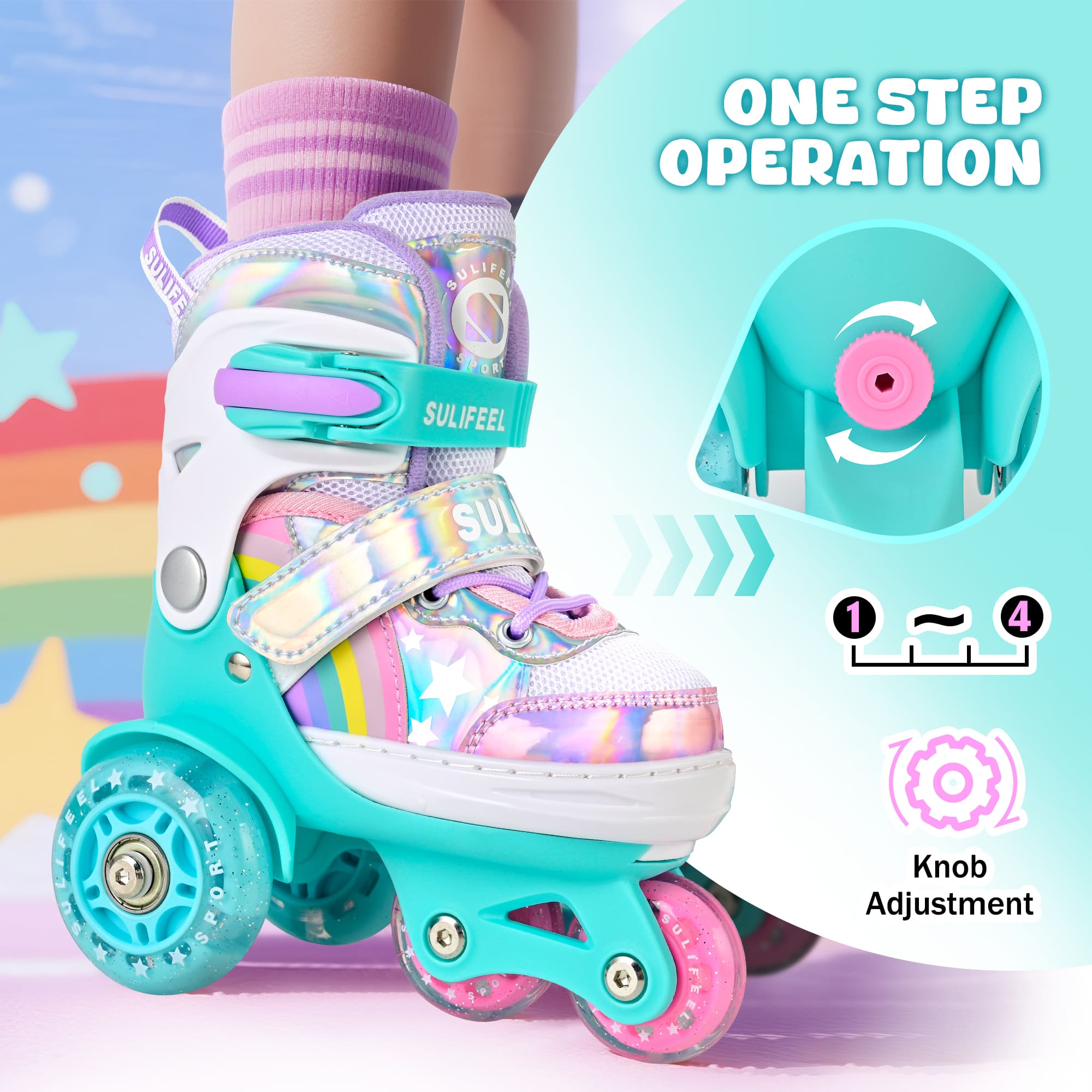 SULIFEEL Rainbow Unicorn Adjustable Light up Roller Skates for Girls Boys for Kids, X-Small - Toddler