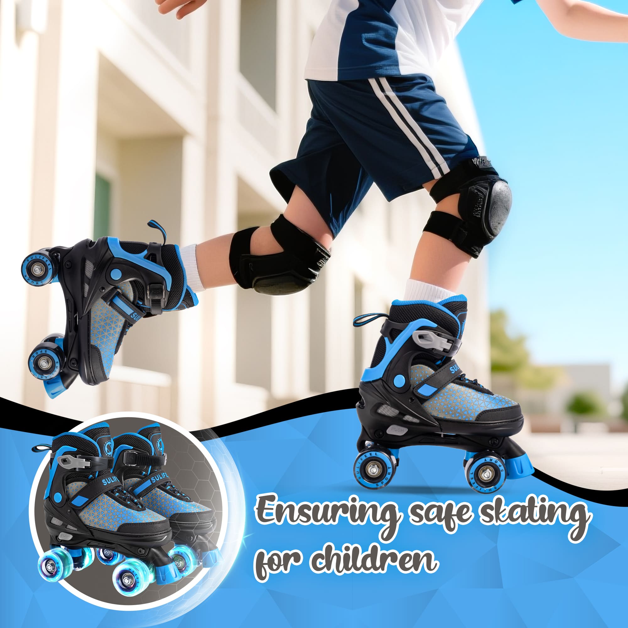 SULIFEEL Roller Skates for Girls Boys Kids,4 Sizes Adjustable Quad Skates with Light up Wheels