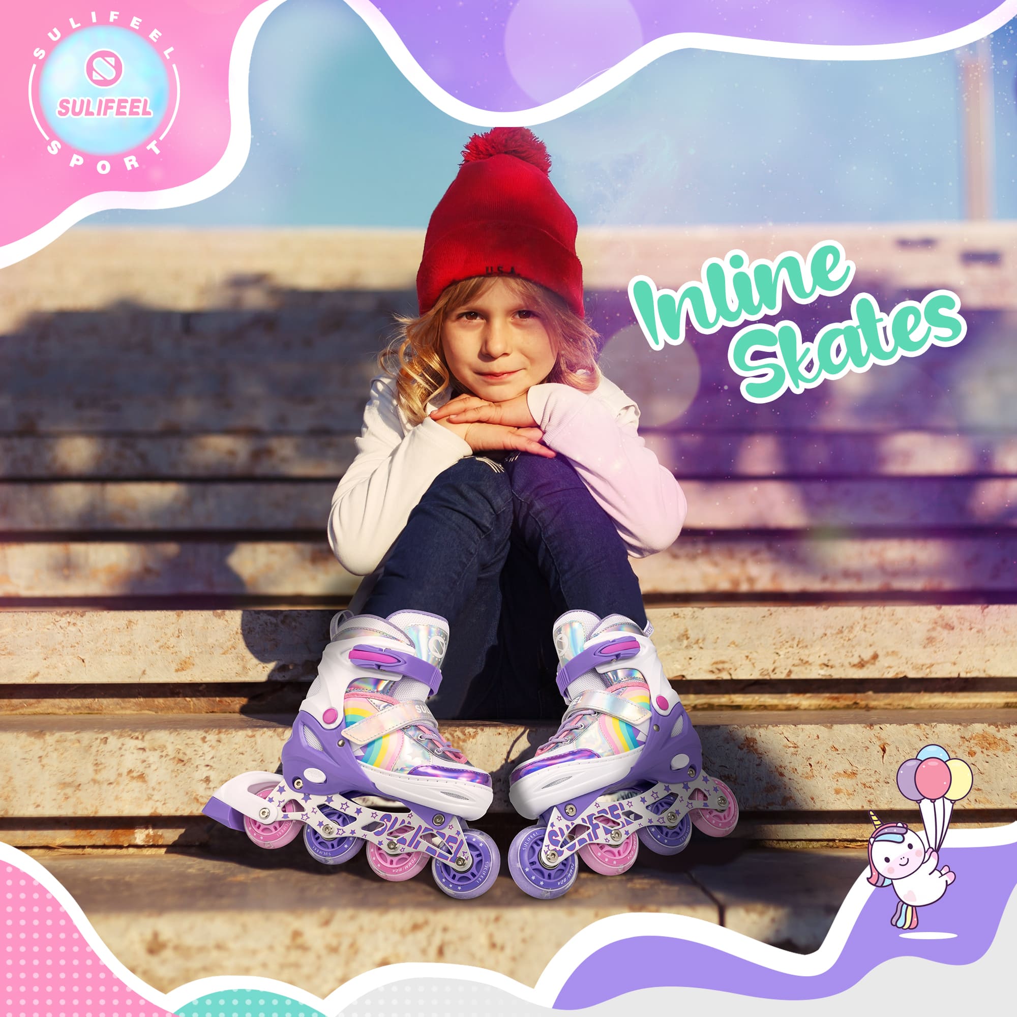 SULIFEEL Inline Skates for Girls Boys, Adjustable Light up Wheels Skates for Kids Beginner