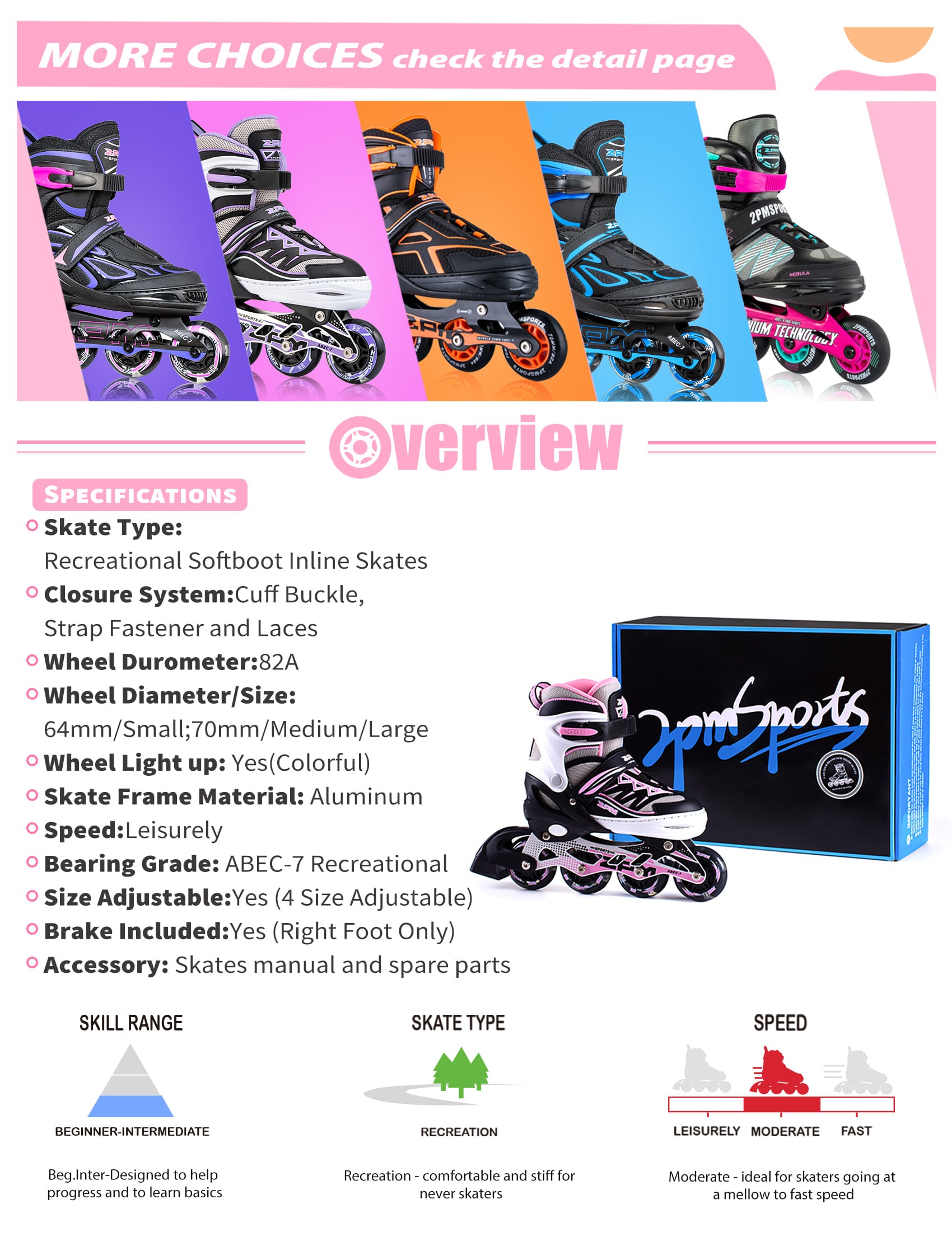 SULIFEEL Cytia Girls Adjustable Inline Skates with Light up Wheels