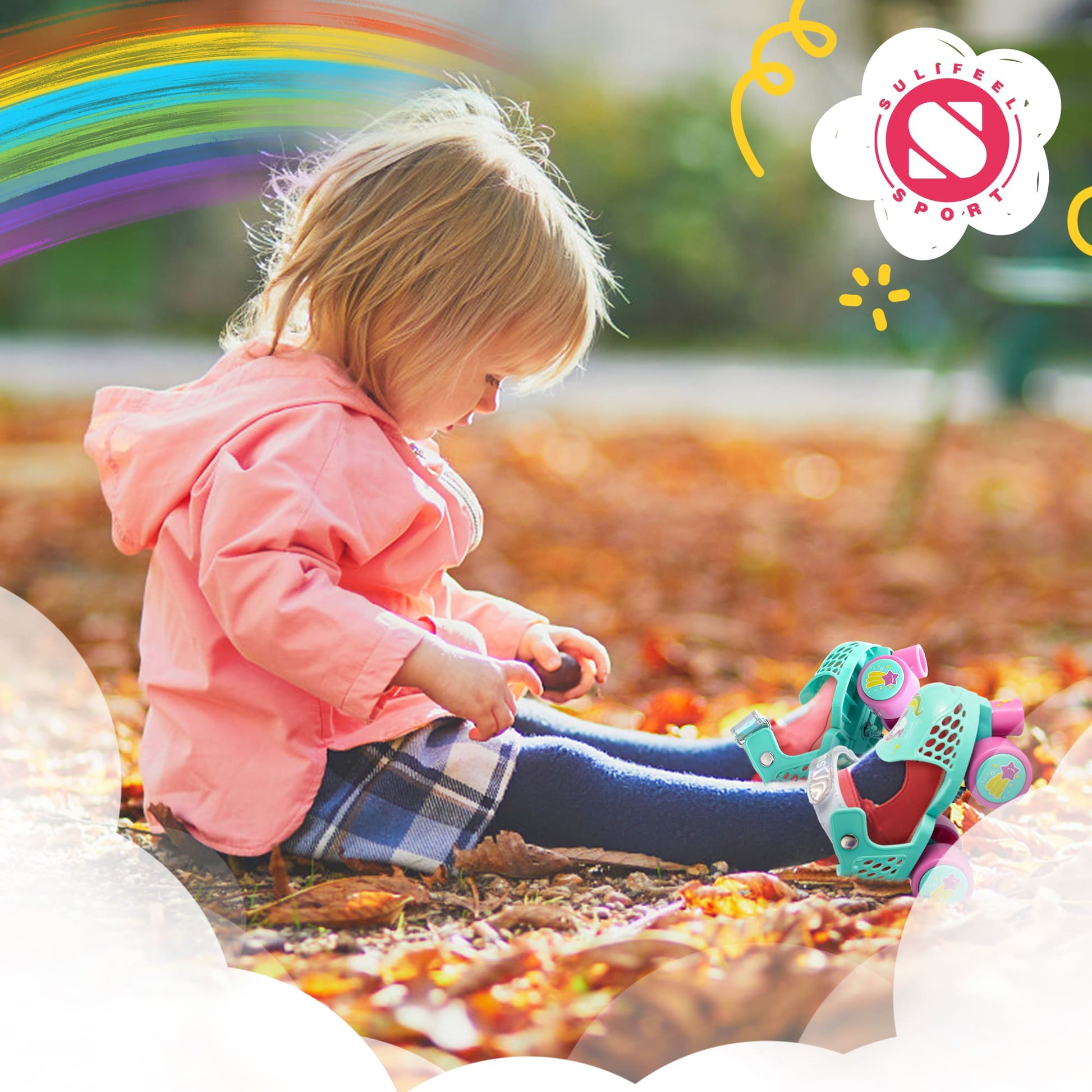 Child sitting on the ground with colorful shoes, surrounded by autumn leaves, with a brand logo in the corner.