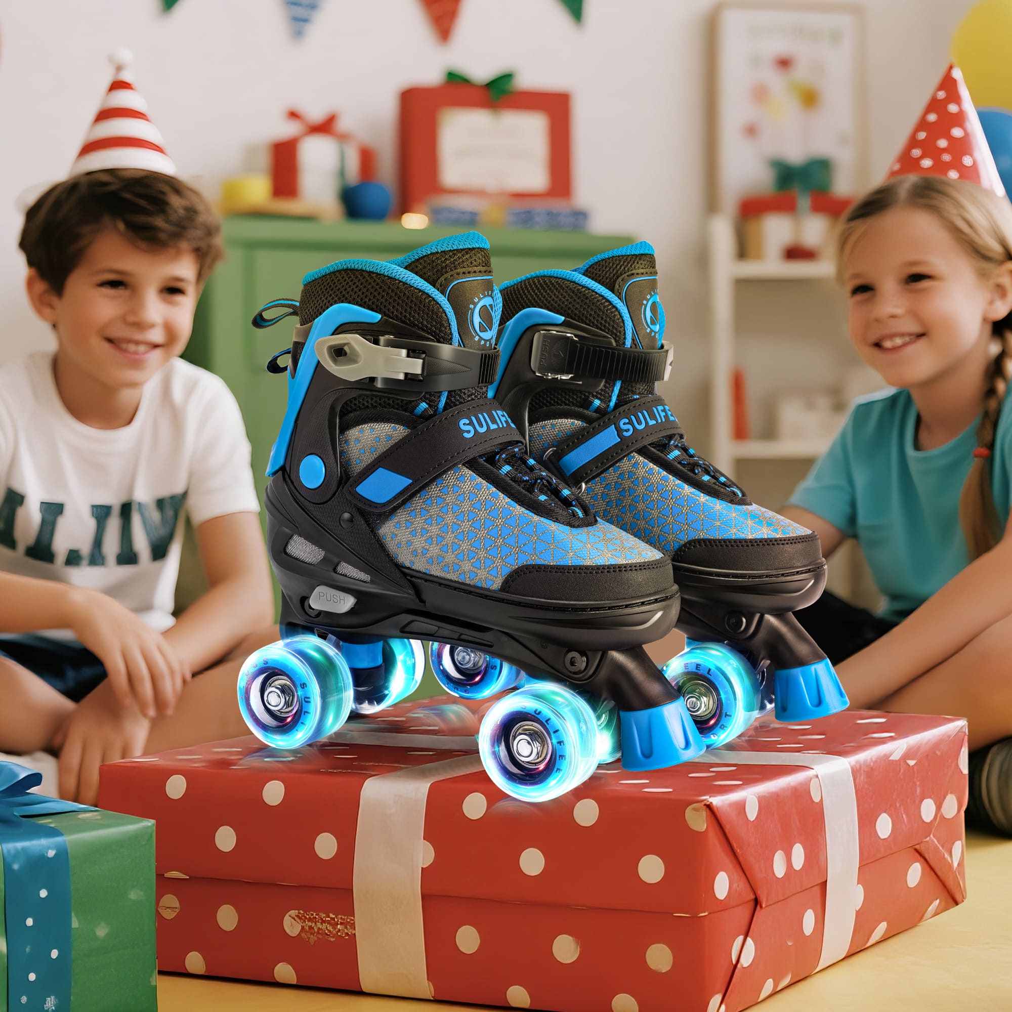 SULIFEEL Roller Skates for Girls Boys Kids,4 Sizes Adjustable Quad Skates with Light up Wheels