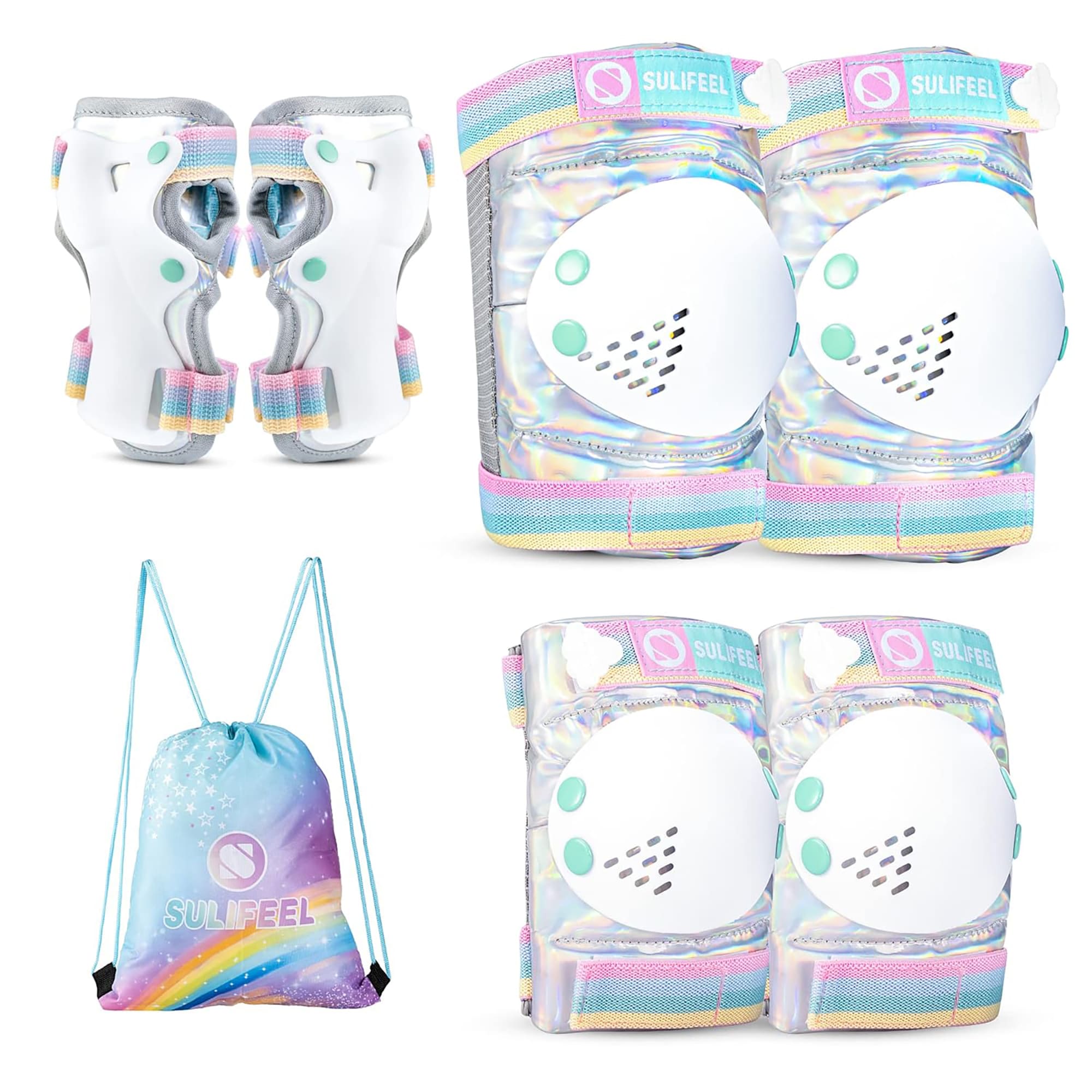 SULIFEEL Rainbow Knee Pads for Kids, Wrist Guards Knee and Elbow Pads Set